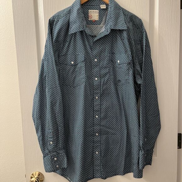 Roper Western Long Sleeve Green Geometric Pearl Snap Point Yoke & Pockets Sz 2XL - Picture 1 of 10